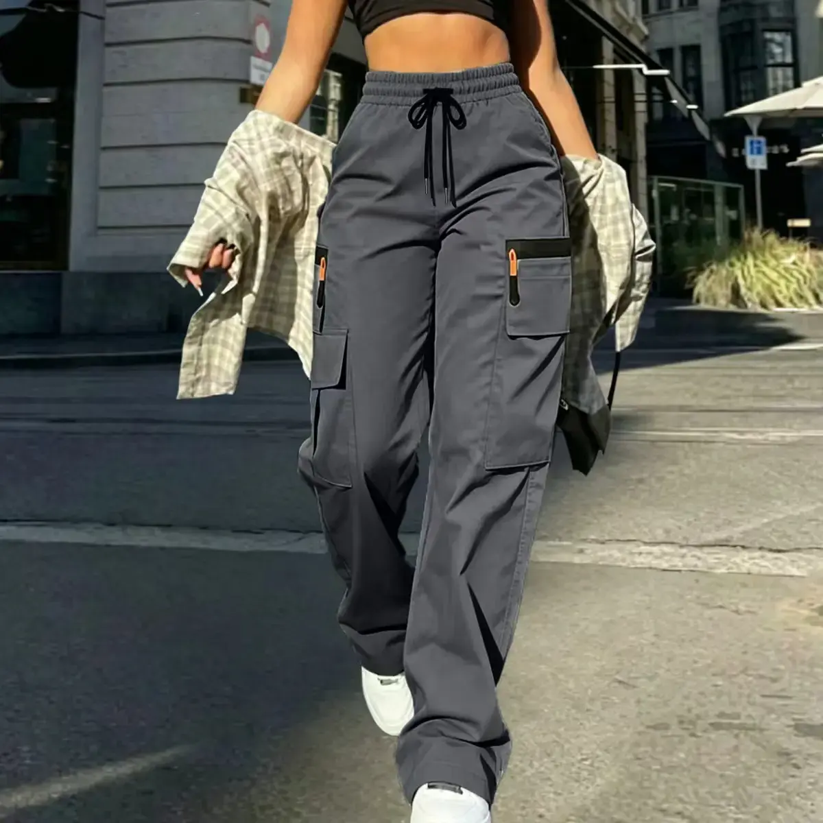 Women's Summer Breathable Lady Cargo Bottoms - Lightweight, Quick-Drying Comfortable Outdoor Casual Trouser Style Pants with Elastic Waistband, Faux Zipper Detailing, Multiple Pockets, Adjustable Belt