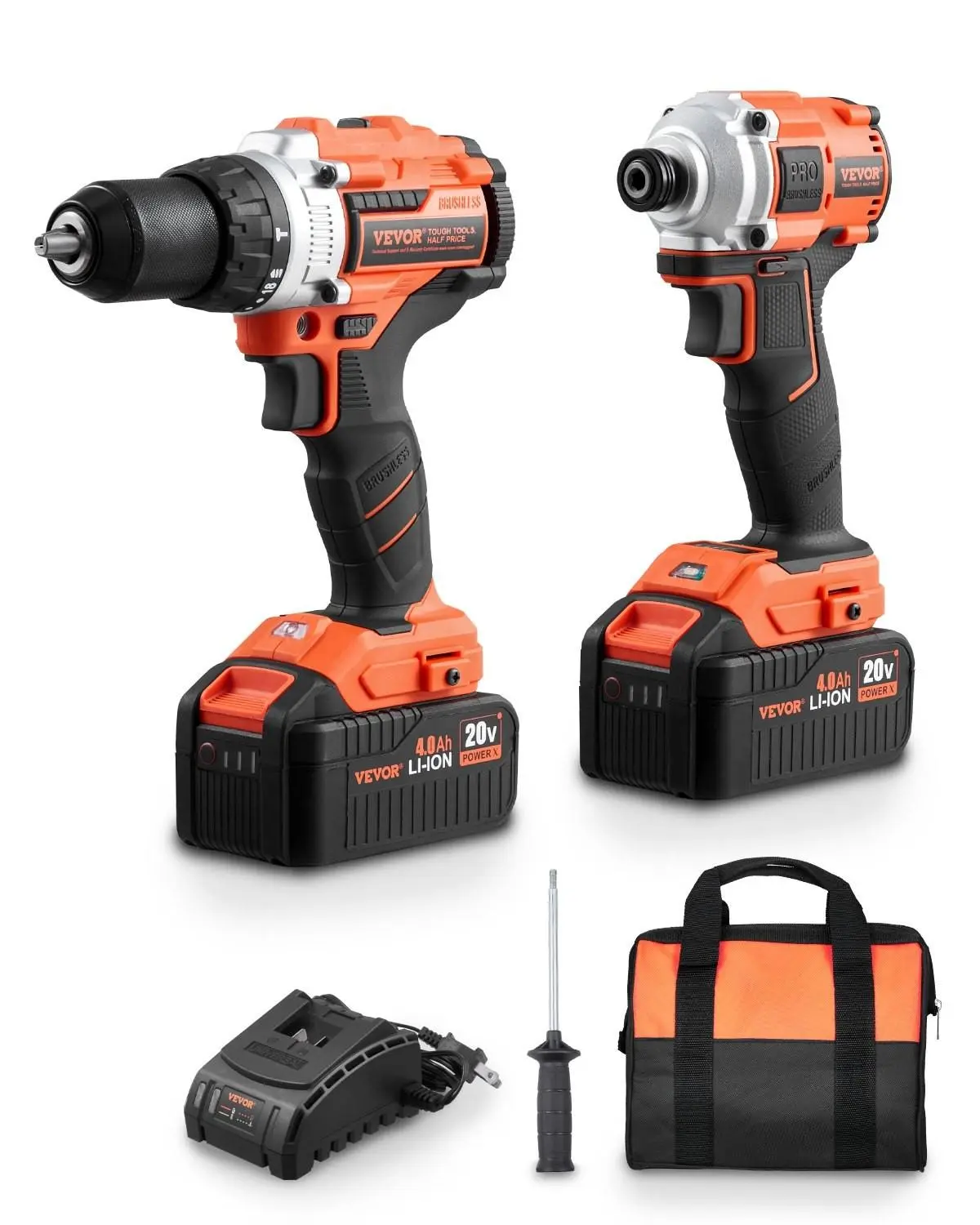 【summerfinds】VEVOR Tool Combo Kit Max 20V Cordless 2-Tool Power Combo Kit with 4.0 Ah Batteries, Cordless Driver Drill, Rechargeable Lithium Drill, Brushless Impact Drill, Wireless Drill Kit