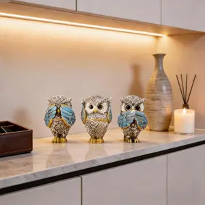 See No Evil, Hear No Evil, Speak No Evil Owl Statues, Set of 3 Vintage Evil Eye Decor, 3 Wise Owl Figurines for Shelves, Living Room, Office & Desk. Bohemian Style Gift, Ornaments, Decorative Ornaments, Home Ornaments