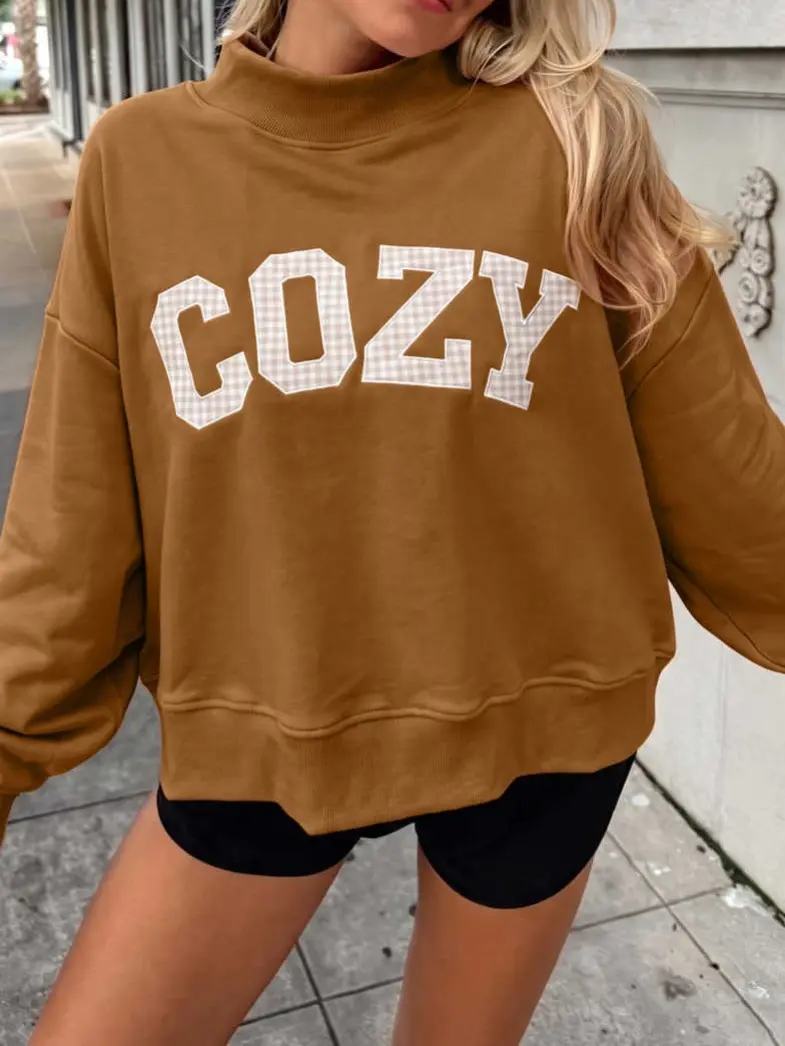 Women’s COZY Embroidered Sweatshirt, Stand Neck Long Sleeve Casual Pullover with Gingham Patch Letter Detail, Relaxed Fit Soft Top for Everyday Wear, Fall and Winter, Womenswear, Style