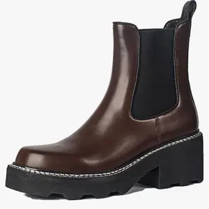 Women's Platform Chelsea Boots with Chunky Heel Slip On Design Elastic Brown Leather Style Shoes Girl Footwear Elegant Comfortable Versatile Ankle Boots