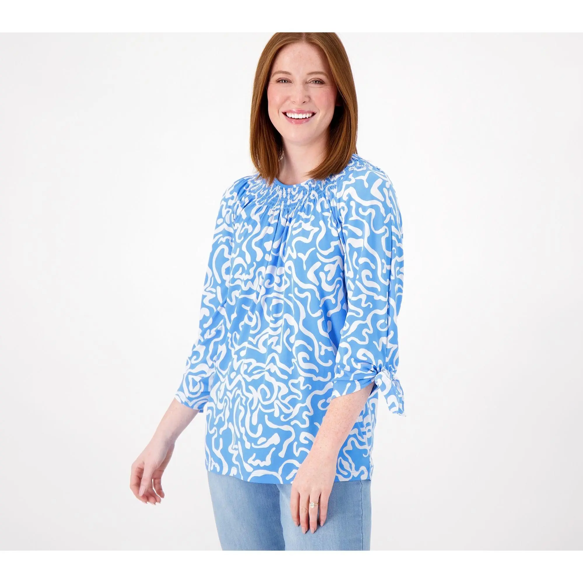 Susan Graver Printed Liquid Knit Smock-Neck 3/4-Sleeve Top with Tie Detail