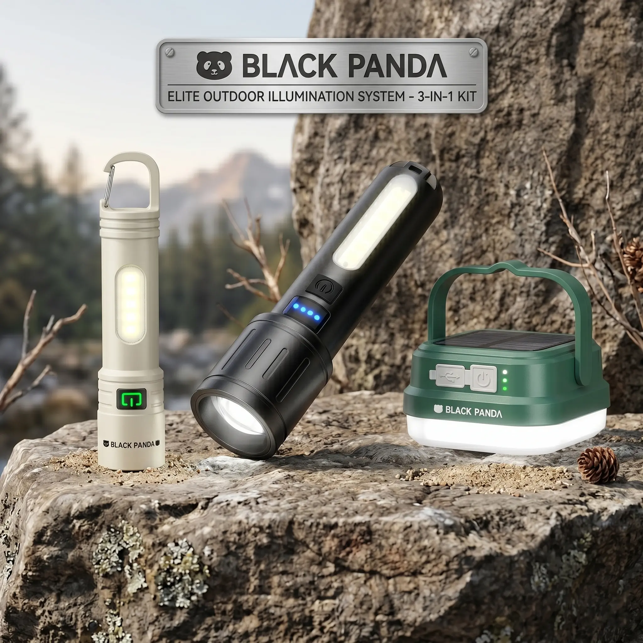 BUY 1 GET 3 Elite Outdoor Camping essentials Lighting Collection |High-Lumen Rechargeable Torch & Solar Flashlight Tent Light Lamp
