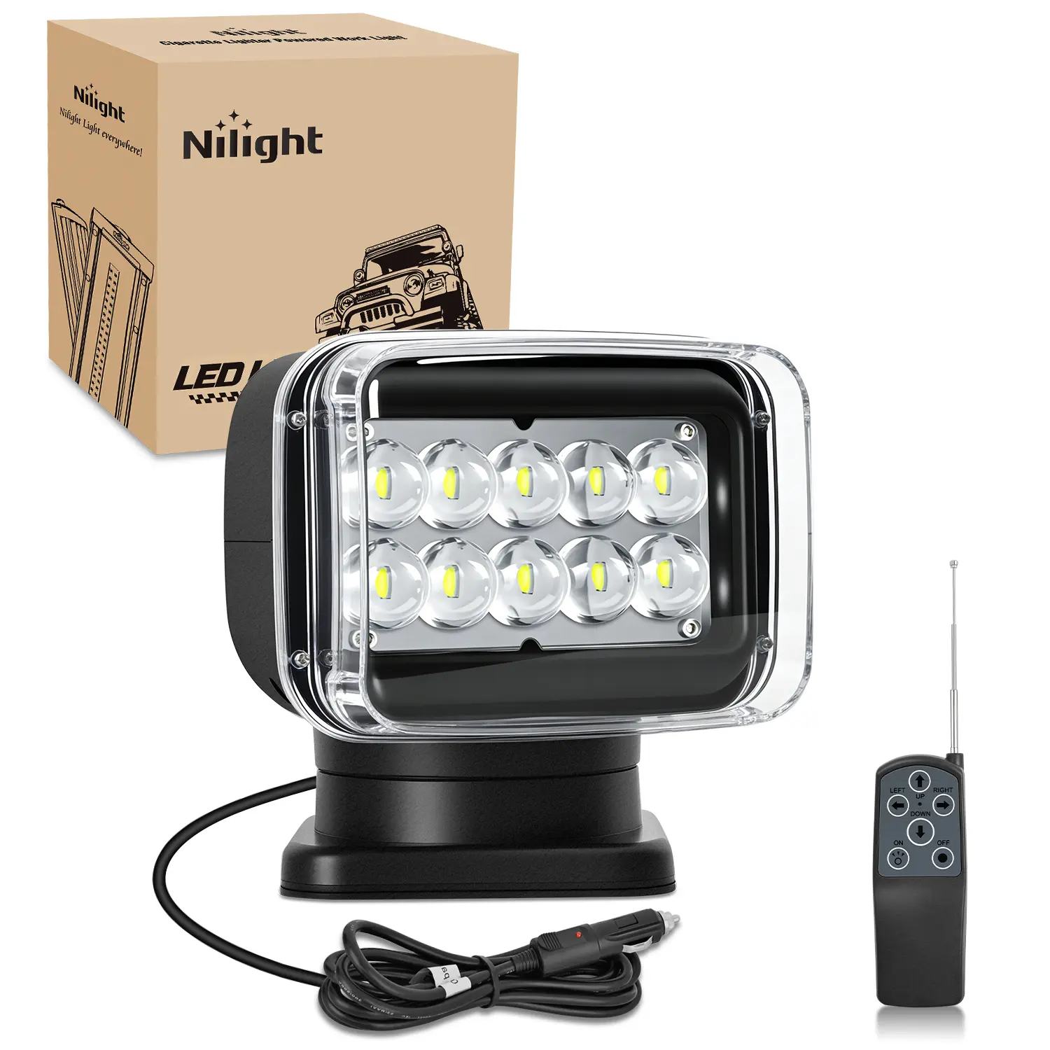 Nilight 50W Remote-Control Magnetic LED Spotlight, 4800 Lumens, 12V-24V, 360° Rotatable, Aluminum Alloy & ABS, 80m Long Range, Battery-Compatible, Plug & Play for Boats & Cars, Camping Use