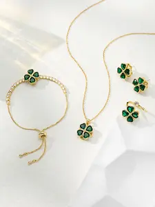 Emerald Green Clover Jewelry Set | Timeless Old Money Aesthetic | Gold Plated CZ & Adjustable Tennis Bracelet | Elegant Anniversary Gift for Her