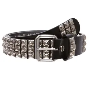 1 1/2" Snap On Three Row Punk Rock Star Metal Studded Cowhide Leather Belt