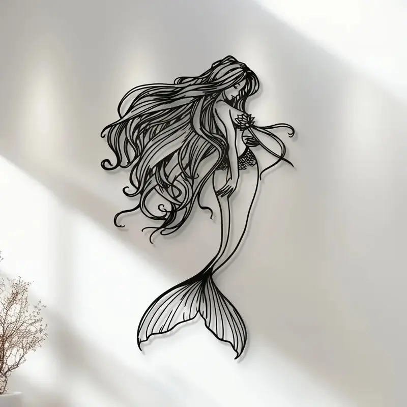 Elegant black metal mermaid wall decoration - nautical ocean theme, easy to hang laser cutting art, 10.04 inches x 15.75 inches - ideal choice for living room and bathroom, wall decoration, metal wall art, Modern Home Decor, Decoration Items