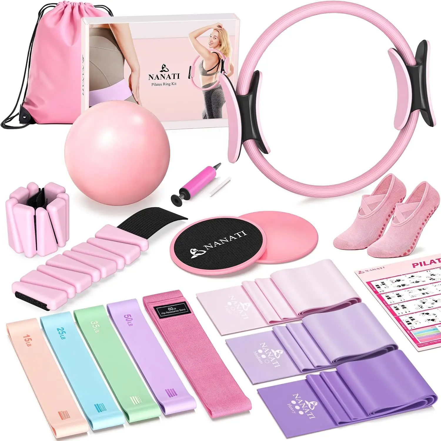 NANATI Pilates Kit, Home Pilates Workout Kit for Women, Pilates Equipment with 14.5" Pilates Ring and Ball, Resistance Bands, Ankle Weights, Sliders & Grip Socks for Home Workouts