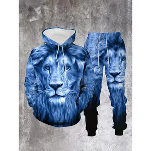 Men's Spring/Autumn/Winter 3D Printed Fashion Cool Personality Fluffy  Lion Head Sweatshirt Hoodie Set Polyester Trendy Two-Piece Outfit