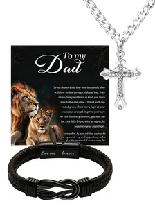 Father Jewelry Set, Leather Infinity Bracelet + Cuban Chain Cross Necklace, Fashion Gift for Dad, Perfect Father's Day Present