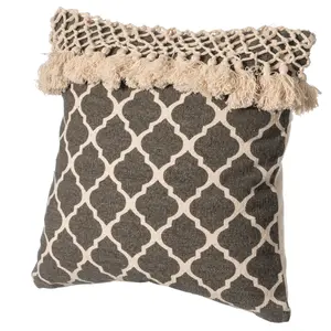 360 stand 16in 100% Cotton Handwoven Ogee Pattern Tasseled Home Decorative Cushion Cover with Filler, Charcoal, Bohemian Sofa Cushion Cover
