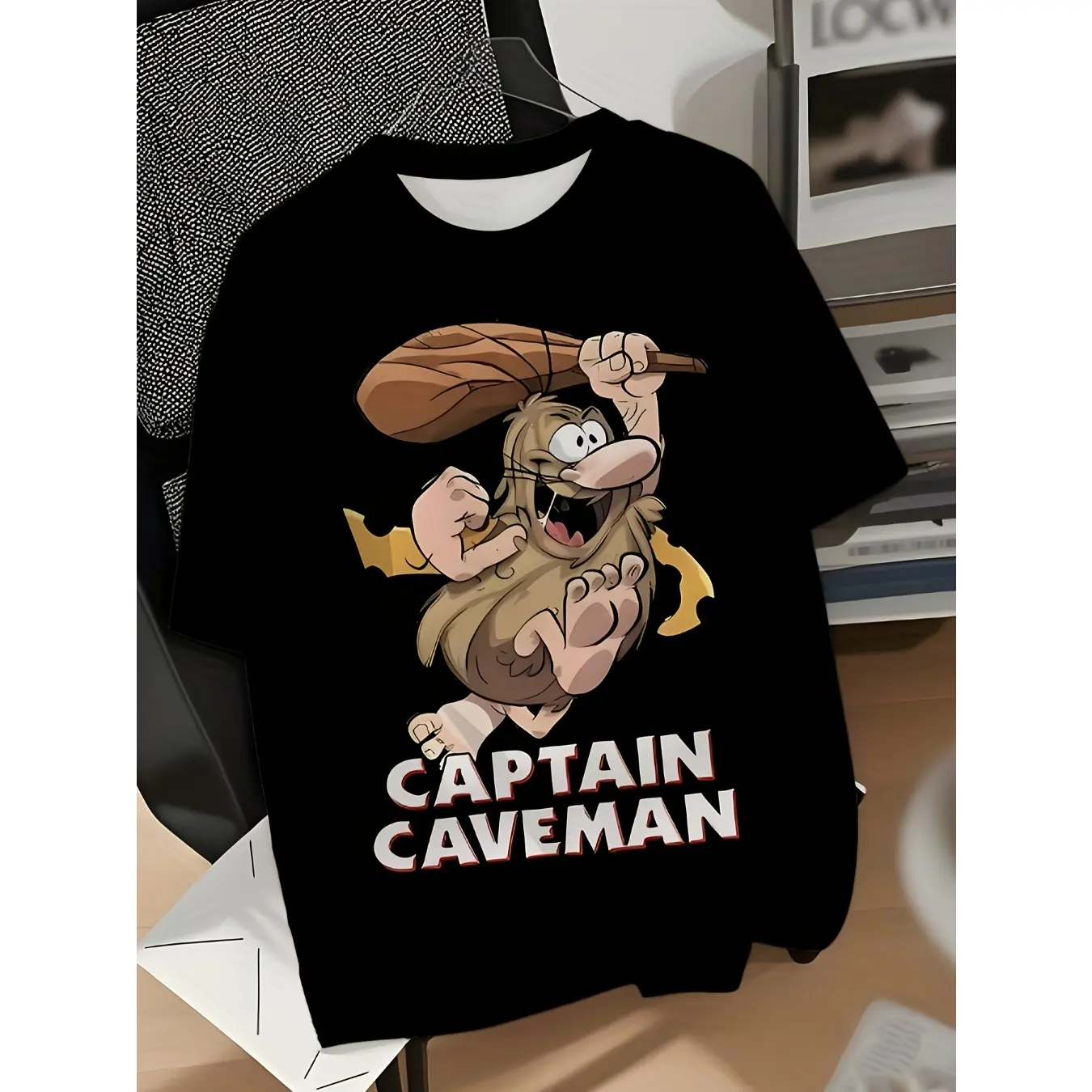 Men's Captain Caveman Cartoon Graphic Tee, 100% Cotton with a Classic Fitted Cut, Easy Care Short-Sleeve Round Neck, Garment, Unisex, Customized, Menswear, Tshirt