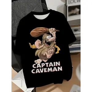 Funny Captain Caveman Retro Cartoon Graphic T-Shirt - Black Casual Short Sleeve Round Neck Tee, Machine Washable Summer Top, Ideal Gift for Men, Everyday Comfort Tee, Playful Design Shirt, Easy Care Clothing