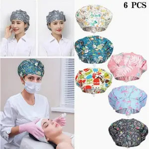 Women's 6pcs Mix Cotton Bouffant Caps with Buttons - Adjustable, Lightweight, Comfortable, Colorful, Ear-Cover Scrub Hats for Healthcare Workers - Floral & Animal Print Surgical Turbans, Easy-Clean Gifts