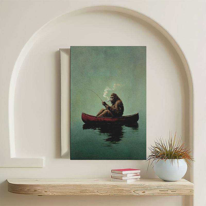 Bigfoot on A Red Canoe Fishing Retro Art Poster Or Canvas Print, Whimsical Sasquatch Wall Art, Lake House Wall Decor, Bigfoot Funny Poster