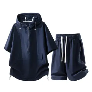 New summer casual men’s short-sleeve T-shirt and shorts set featuring bubble plaid, a hood, faux solid color, minimalist style—versatile loose fit two-piece set. #SummerWins
