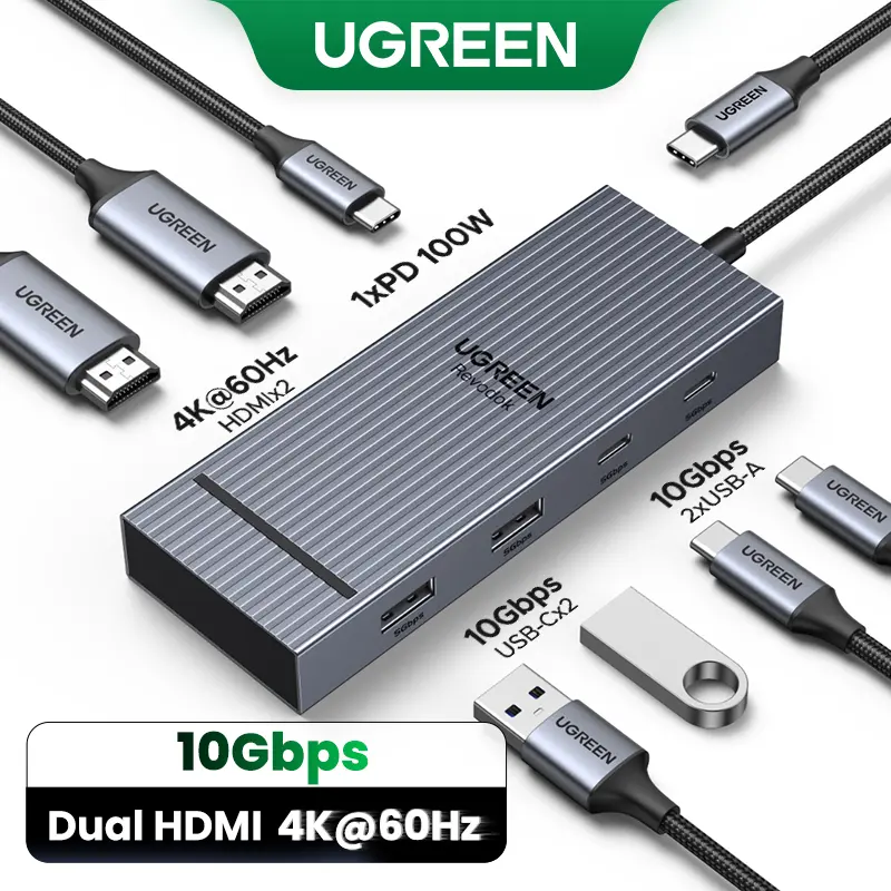UGREEN Revodok Pro 7 in 1 Docking Station Dual Monitor, USB C Hub Dual 4K@60Hz HDMI Display, 10Gbps USB-A/C Data Ports, 100W PD, Aluminum Laptop Docking Station for HP, Thinkpad, Dell and More summerwins
