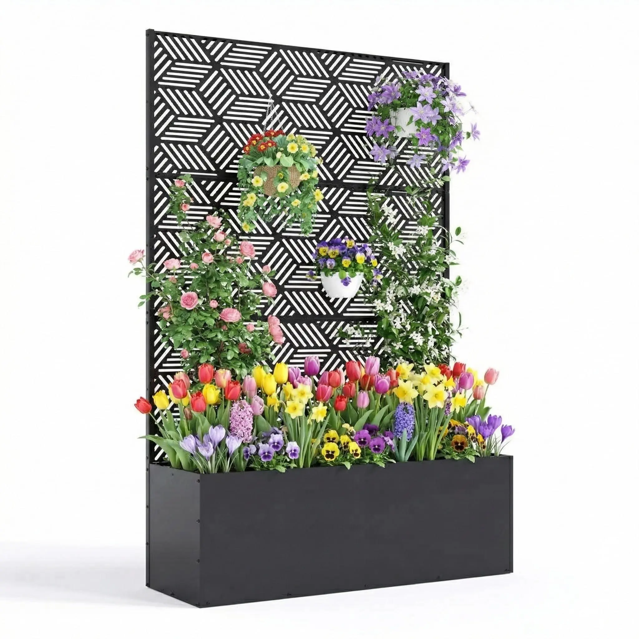 Galvanized Metal Planter Box with Trellis, 47"X16"X71" Raised Garden Bed (without Wheels), Privacy Screen for Climbing Plants, Veggies & Vines, Patio Planter with Drainage Holes, 16" Deep, Kaleidoscope Pattern