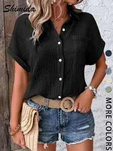Women's Cotton Button-Down Casual Short Sleeve Shirt Blouse, Lightweight Breathable Summer Top, Regular Fit, Stylish Daily Wear