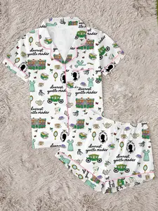 Bridgerton Print Women's Pajama Set, Comfortable Wear-Outside Sleepwear, Loungewear, Short Sleeve Button-Up Top and Elastic Shorts, Casual Homewear