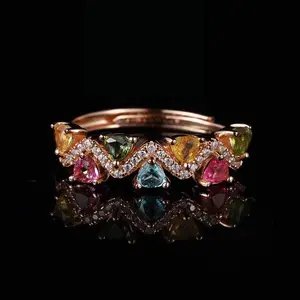 S925 sterling silver Natural Tourmaline ring adjustable size, with White zircon high quality setting Elegant and Luxurious for Women, Girl friend, Brides, Grils as Wedding&Birthday Gift, Perfect for Daily Wear and Party, Valentine's Day Gift