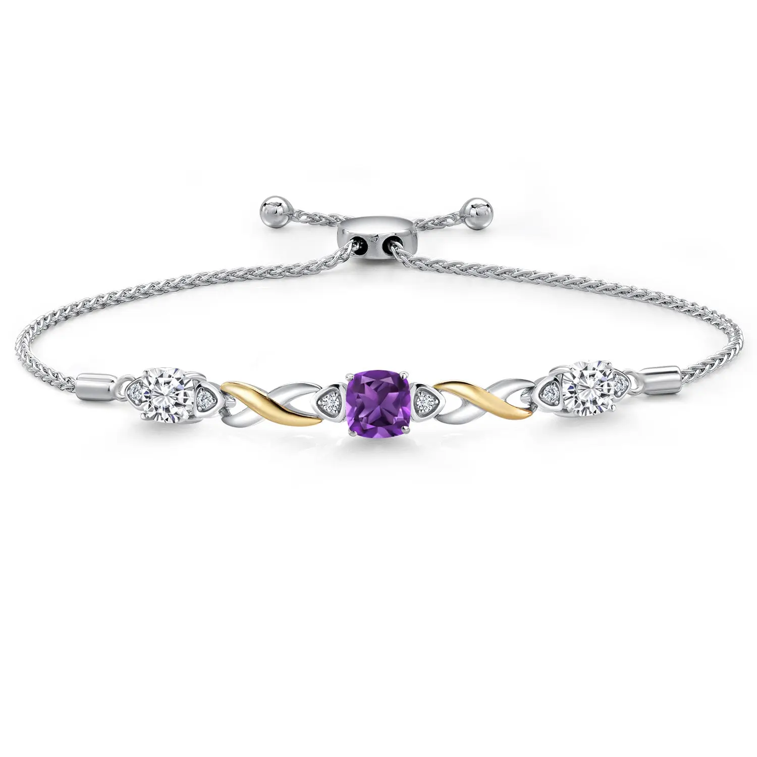 Gemstone Birthstone and Moissanite Infinity Bracelet for Women with Lab Grown Diamond Accents | 925 Silver and 10K Yellow Gold | Cushion 6MM and 5MM | Adjustable Bolo Bracelet | Easy-On Easy-Off