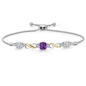 Gem Stone King Gemstone Birthstone and Moissanite Infinity Bracelet for Women with Lab Grown Diamond Accents | 925 Silver and 10K Yellow Gold | Cushion 6MM and 5MM | Adjustable Bolo Bracelet | Easy-On Easy-Off