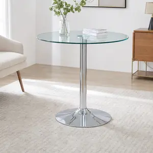 ARCH Modern Minimalist 35 Inch Round Glass Dining Table for 4-6 People, Clear Tempered Glass Top with Silver Electroplated Metal Legs, Small Space Dining Room Kitchen Table, Easy Assembly, Transparent Color Options, Glass+Metal Material