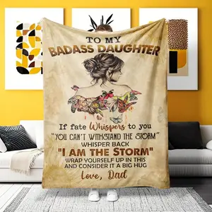 To My Badass Daughter Blanket, Slogan Print Blanket, Letter Print Soft Blanket, Inspirational Gift for Daughter, Throw Blanket for Home Office Travel Camping
