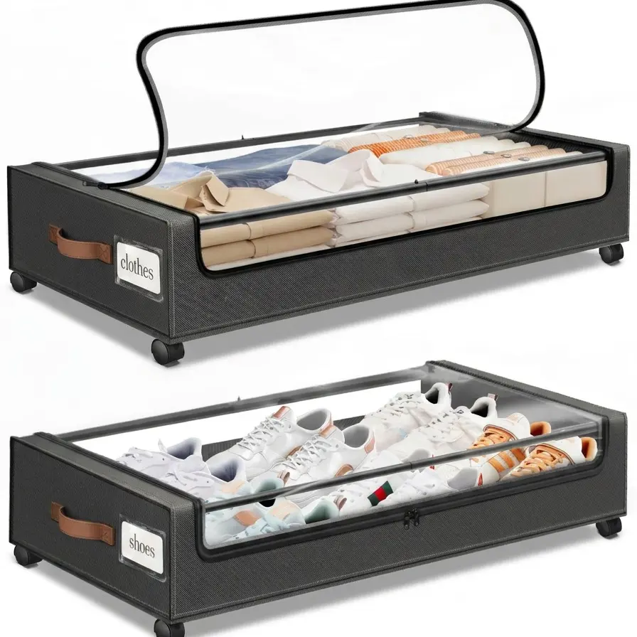 SpaceHacks Under Bed Storage with Wheels 2Pack Dark Grey 600D Oxford Cloth & Metal Frame Clear Window Label for Clothes Shoes Blankets, Apartment Essentials, Rolling Storage Organizer for gift
