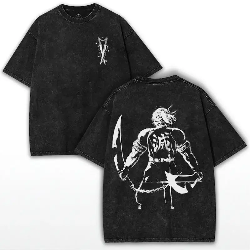 Men's Vintage Washed Double-Sided Tengen Uzui Sound Hashira Blade Graphic Shortsleeve T-Shirt, Oversized Loose Casual Demon Slayer Manga Clothes, Unisex Anime Streetwear for Otaku Fans