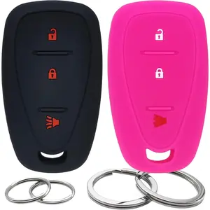 2Pcs Silicone 3 Buttons Key Fob Cover Remote Case Keyless Protector Compatible with Chevrolet Chevy Malibu Blazer Camaro Cruze Equinox Malibu Limited Sonic Spark Traverse Trax Volt (Black & Hot Pink)