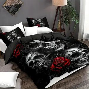 3-piece Fashion Skull Pattern Duvet Cover Set, Fade-resistant, Machine Washable, Digital Printing, Includes 1 Duvet Cover + 2 Pillowcases (Excluding Quilt and Pillow Inserts), Soft and Breathable High-definition Printed Bedding Set, Suitable for Home and