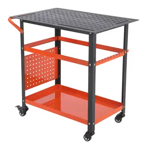 Heavy Duty Rolling Workbench – 36 Inch 3-Tier Steel Table with 1200 lb Capacity – Rubber Wood Top, 5/8" Holes, 4 Tool Slots, Pegboard, Handle & Wheels – Perfect for Garage, Workshop, Office