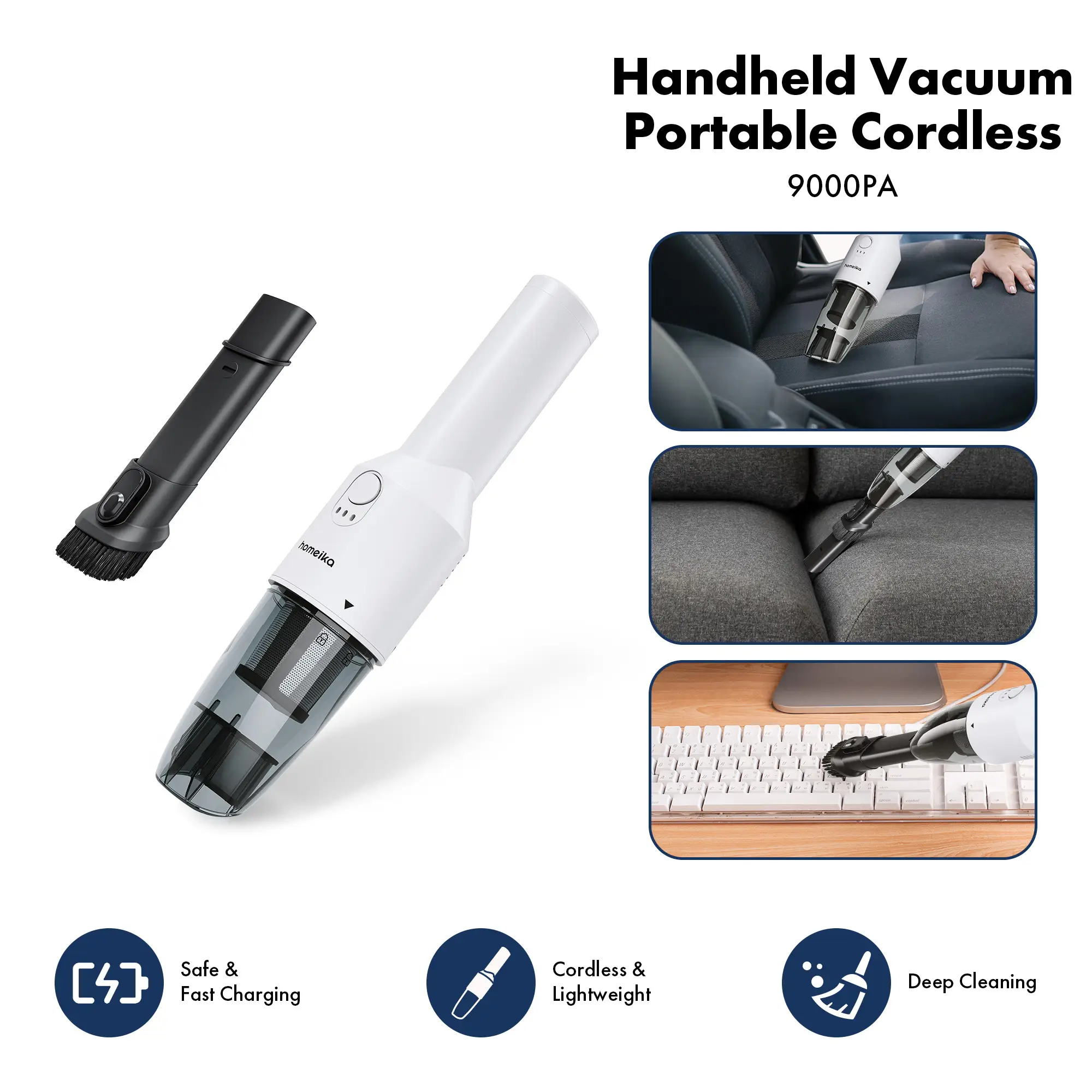 Homeika Handheld Vacuum Cordless Car Vacuum Cleaner, Car Vacuum Portable Cordless with 9000PA, LED Light, Fast Charge, Mini Vacuum, Hand Held Vacuum w
