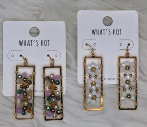 A1224043 Beaded Rectangle Hanging Earrings