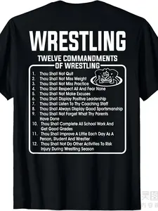 Men's & Women's Wrestling T-Shirt - 12 Commandments of Wrestling Rules & Wrestling-Themed Design (Bout, Pin, RKO) - Heavyweight 220gsm Pure Cotton Crew Neck Tee, S-4XL Sizes for Wrestlers, Coaches, Fans - Retro Style Training Apparel