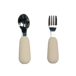 2 Pack Stainless Steel Silicone Toddler Utensils - Easy-Grip Thick Handles, Gum-Friendly, Dishwasher Safe Self-Feeding Forks & Spoons