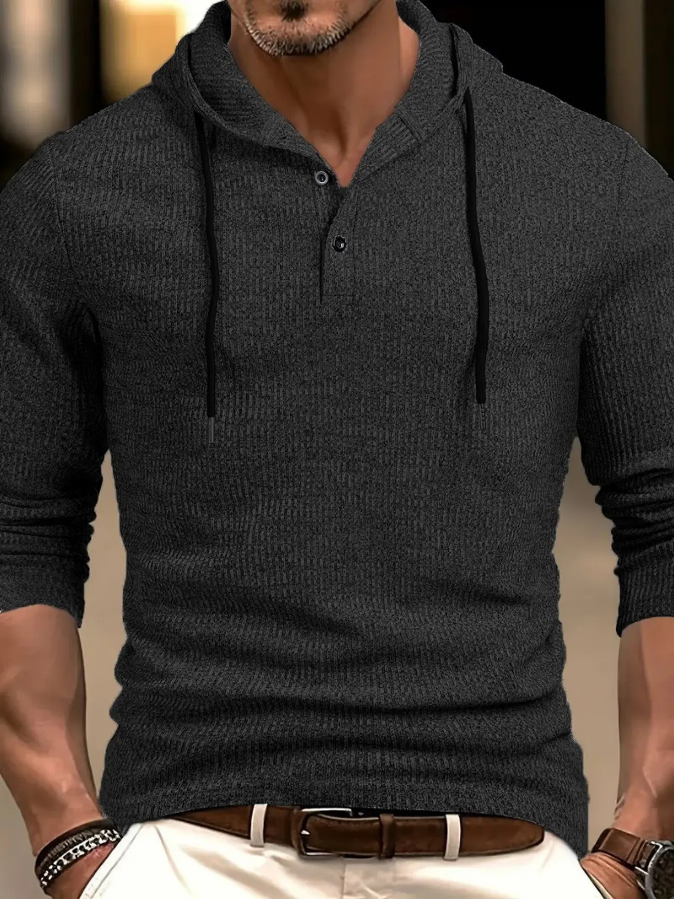 Men's Textured Elastic Patchwork Contrast Stitching Hooded Henley Shirt, Casual Outdoor Sports, Fall Fashion, Comfortable Fit, Athletic Sports Top