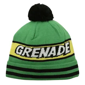 Grenade Comic Striped Green Knit Pom Pom Winter Hat Beanie Toque