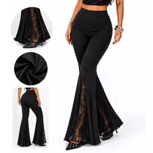 Women’s High-Waist Dressy Flared Bell Bottom Pants with Lace Inset, Summer Edition Minimalist Basic Womenswear