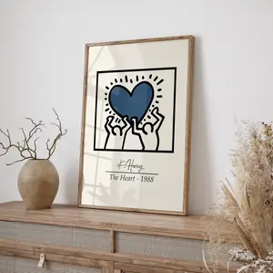 Keith Haring Print, Navy Wall Art, Heart Print, Retro Wall Decor, Neutral Art, Living Room Art, Bedroom Print, French Navy Print