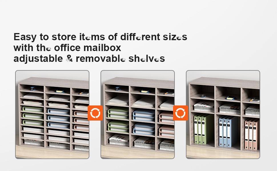 27 Compartments Wood Literature Organizer With Adjustable Shelves In MDF Mail Center For Office Home School Storage Of Files Documents Papers Magazines In Grey Finish, Ideal For Desk, Classroom, Library Organization