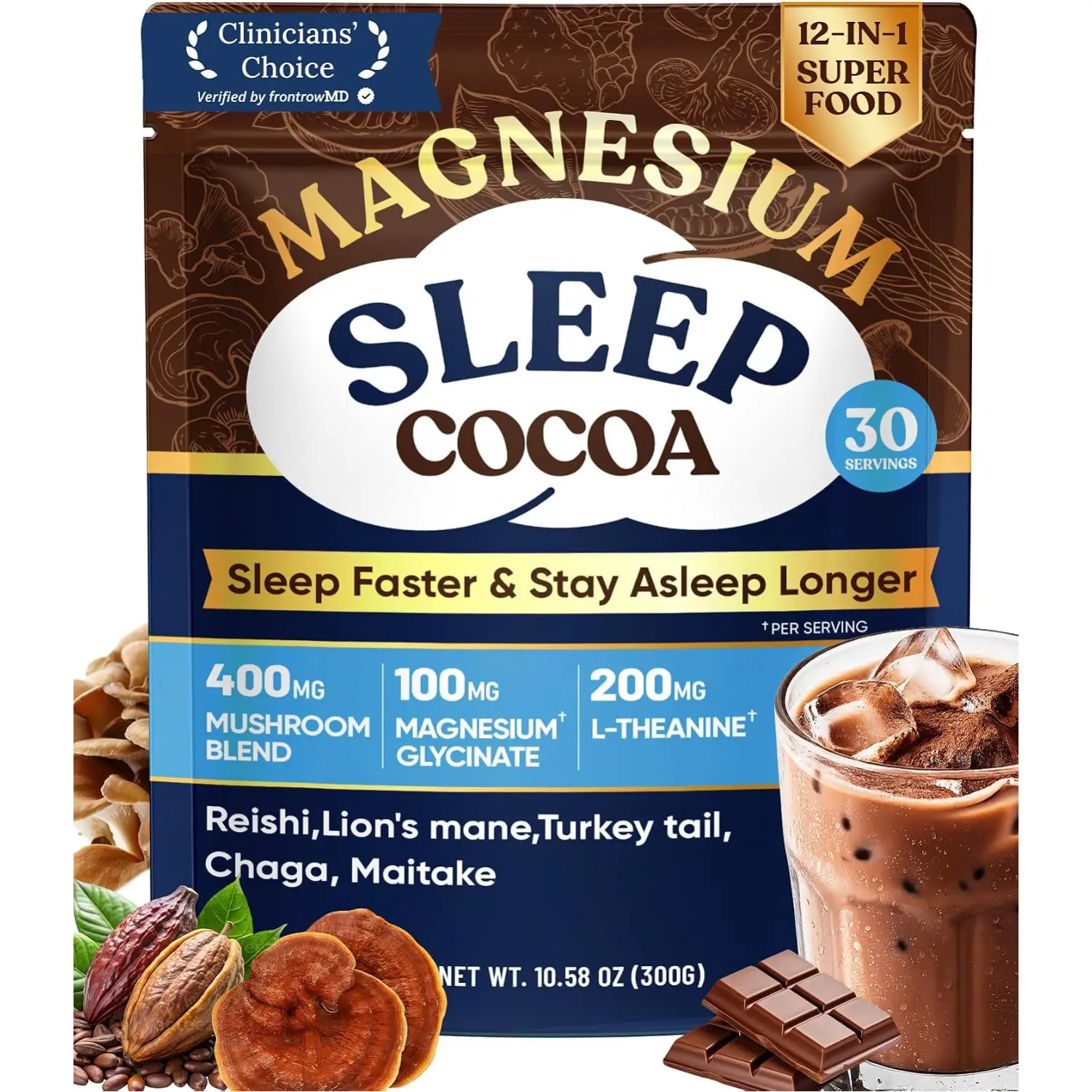 Mushroom Hot Cocoa Powder Sleep Drink with Magnesium Glycinate Reishi L Theanine Melatonin Hot Chocolate Mix 30 Servings