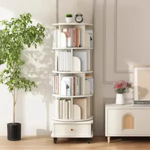 Modern 5-Tier 360° Rotating Round Bookshelf with Wheels and Drawers, Space-Saving Small Bookshelf Tower for Bedroom, Office, Warm White Commercial Office Furniture, With Drawers