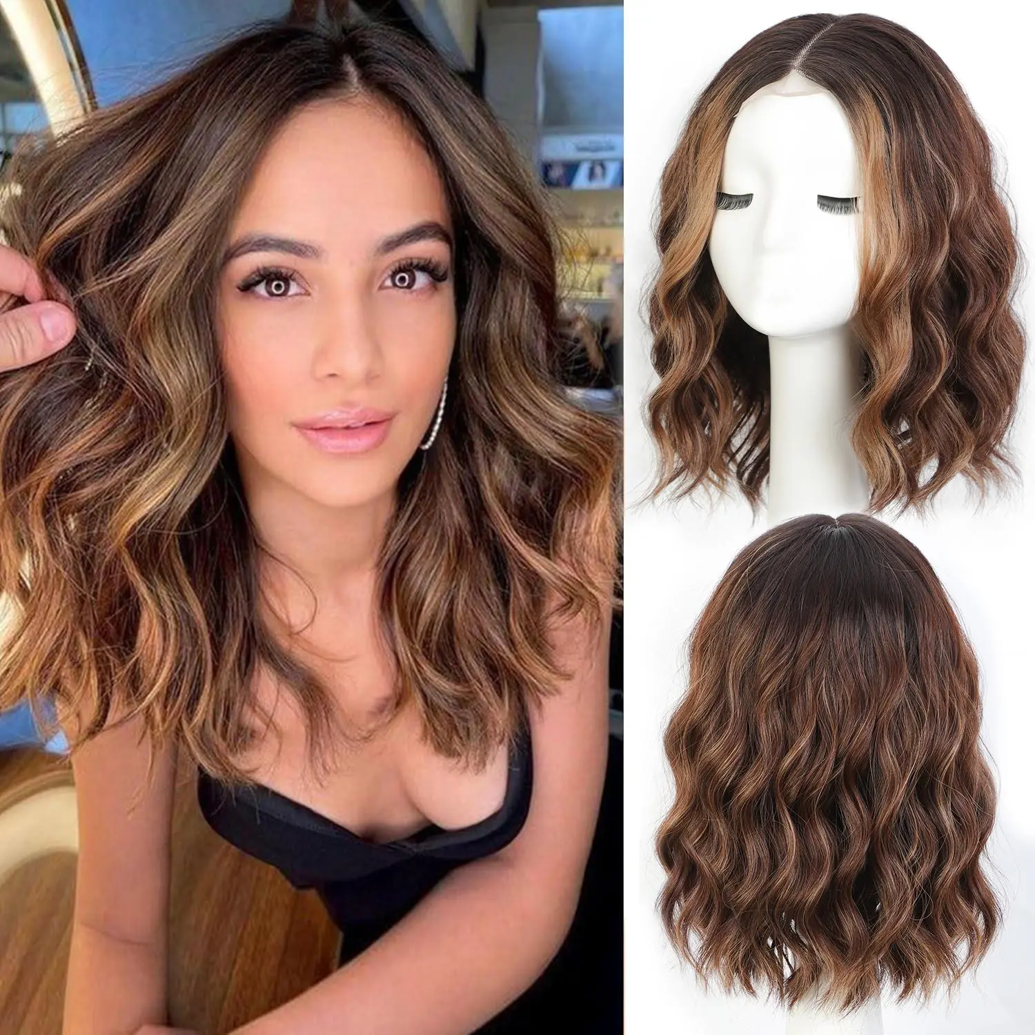 Women's 14-Inch Short Wavy Bob Synthetic Lace Front Wig - SummerVibes Brown Highlight Lace Hairline, Heat Resistant, Natural Looking, Beginner Friendly, Soft Wave for Daily Use, Natural Looking Wig, Beginner Friendly Wigs