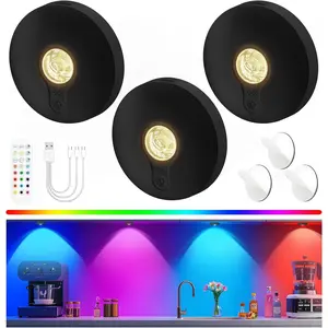 Rechargeable Puck Lights with Remote, 3 Pack  Under Cabinet Lighting, 1500mAh  Operated LED Tap Lights with Dimmer & Timmer for Kitchen, Closet, Shelf - 3 Color Temps & 12 RGB, Black