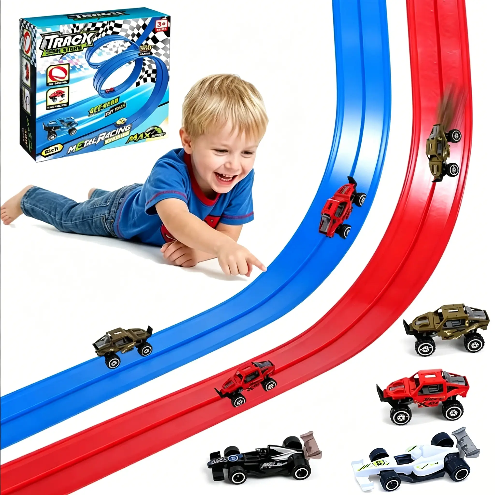 Roll-Up Portable Racing Track Set, Flexible Track Playset Rail Track Race Track Toy for 3-12 Year Old Boys Girls, Cool Gifts for Kids, Perfect Surprise Birthday Holiday Gift