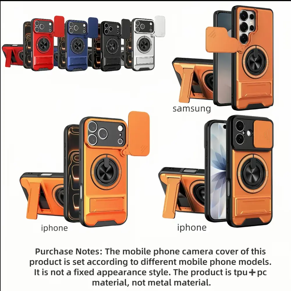 for iPhone 17 Pro Max/16/15/14/13/12/11 Series& Samsung S20‑S26 Series(FE/Plus/Ultra)/Note20 Ultra Slide Lens Protection 360° Rotate Magnetic Ring Kickstand   Shockproof Heavy Duty Protective Cover Ultra Thin Compact Design Cellphone Metal