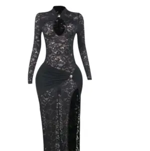 Elegant Black Lace Long Sleeve Dress with High Neck and Side Slit for Women Casual Womenswear Summer Floral
